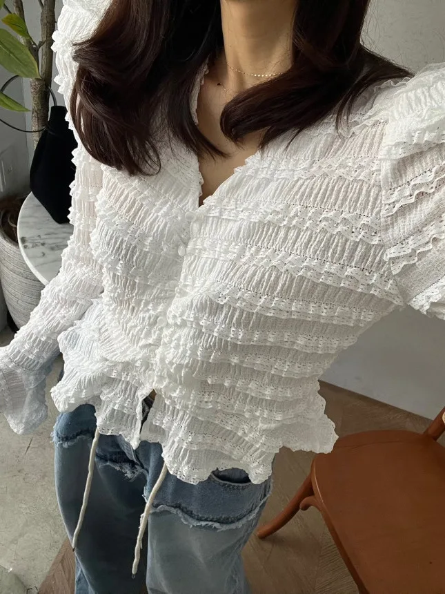 Slim Fit V-Ne Pieghettato Bell Sve irt Donna Chic Retro Primavera Nuovo Sle Lungo Sve Materiale sottile Lunghezza regolare irt