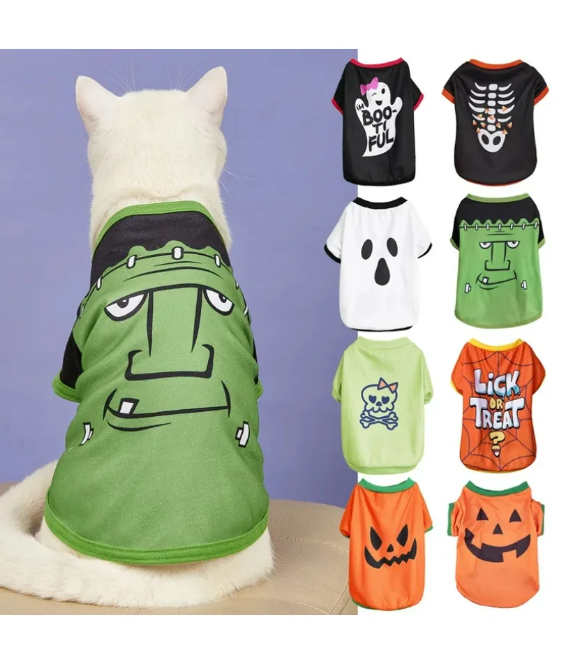 

Halloween Pet Clothing Thin Cat Dog Holiday Costume Pumpkin Skull Teddy Funny T-Shirt