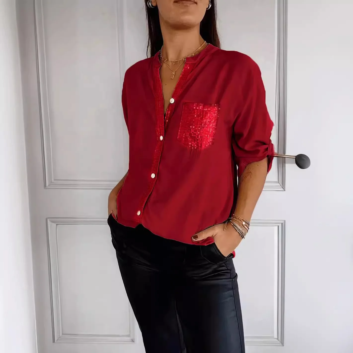 

Spring and Summer Long-sleeved Shirt Women's Sequin Pocket Fashion Solid Color Trendy Top Button Cardigan Blouses for Female