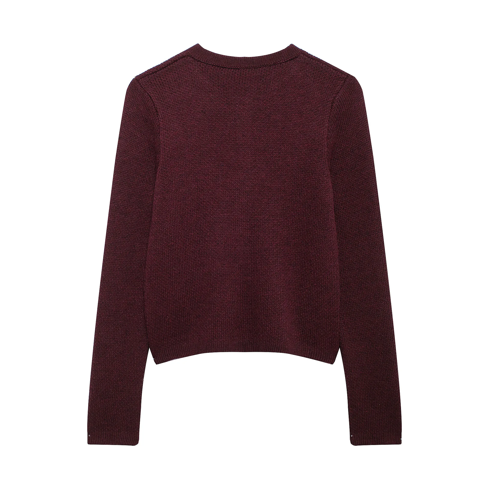 Gold-Breasted Knitted Jacket Round Neck Long Sleeve Burgundy Sweater