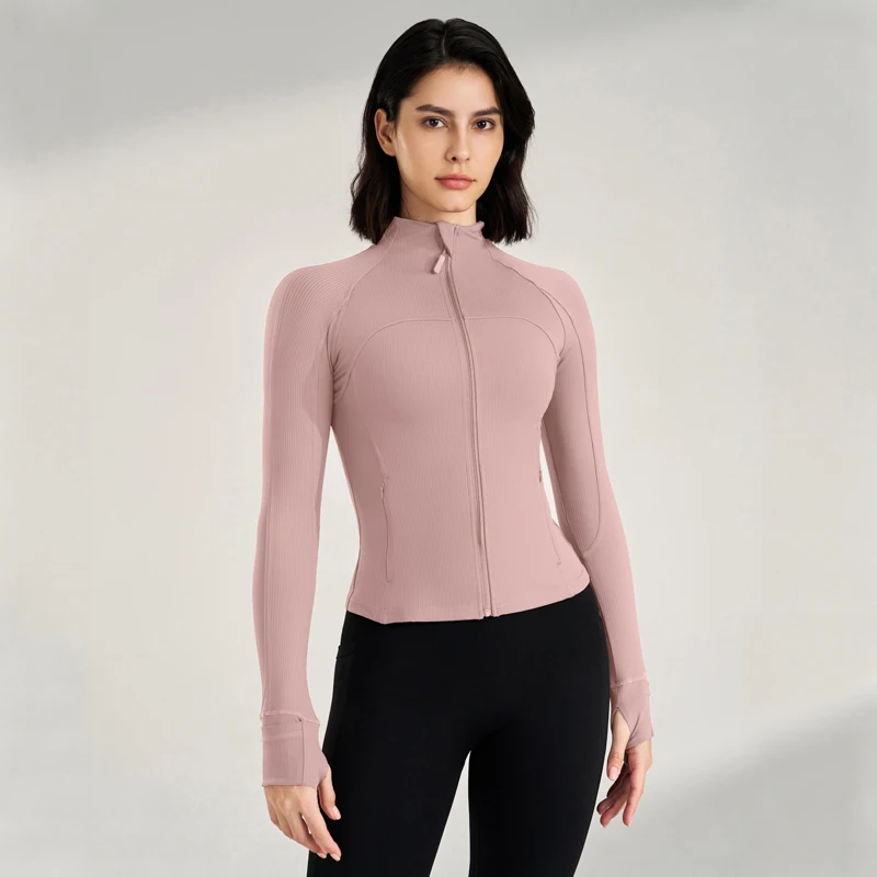 

Gym Yoga Clothing Tight Top Yoga Jacket Pink Full Zip Jacket Long Sleeve with Thumb Button Zipper Pocket