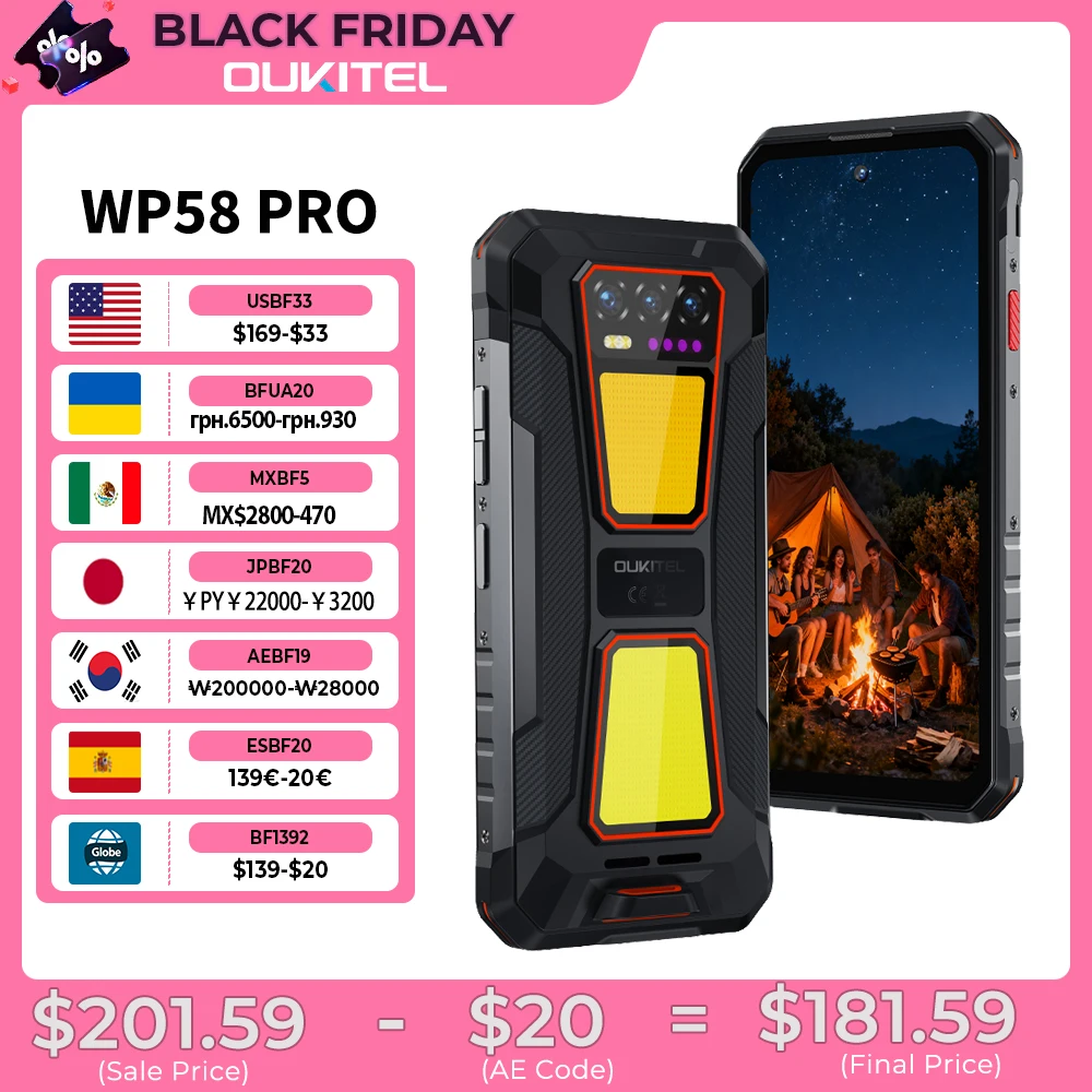 Прочный телефон OUKITEL WP58 PRO 5G, 24 ГБ (8 + 16 ОЗУ + 512 ПЗУ, 6,7 дюйма, HD, 10000 мАч, 33 Вт, Android 15 NFC, мобильный телефон с двойной лампой для кемпинга
