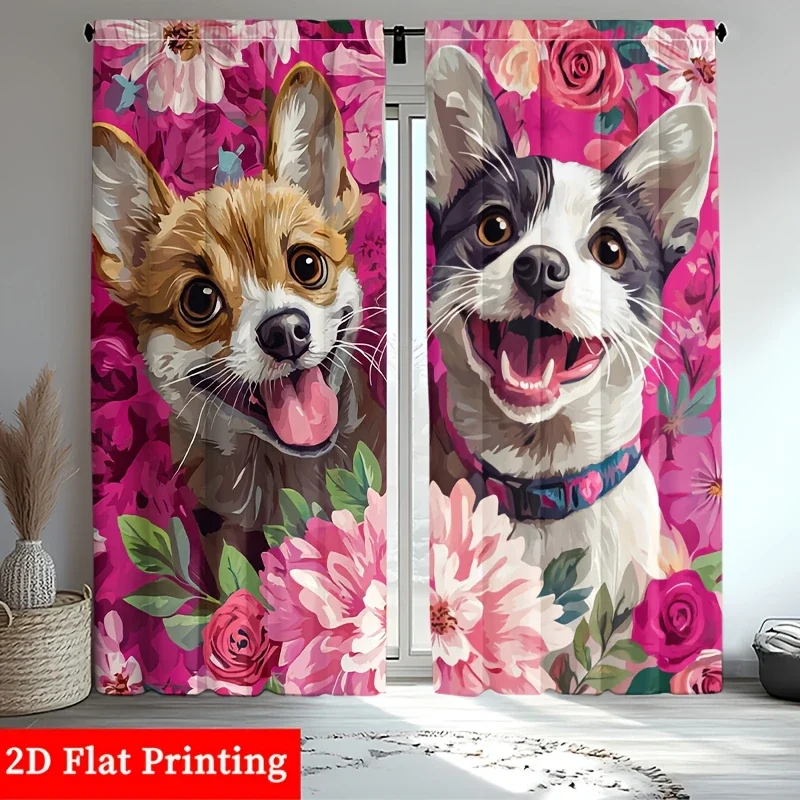 

Spring Flower Theme for Puppies Print Drapes Room Darkening Window Curtains for Home Decor,Rod Pocket Blackout Curtains Bedroom