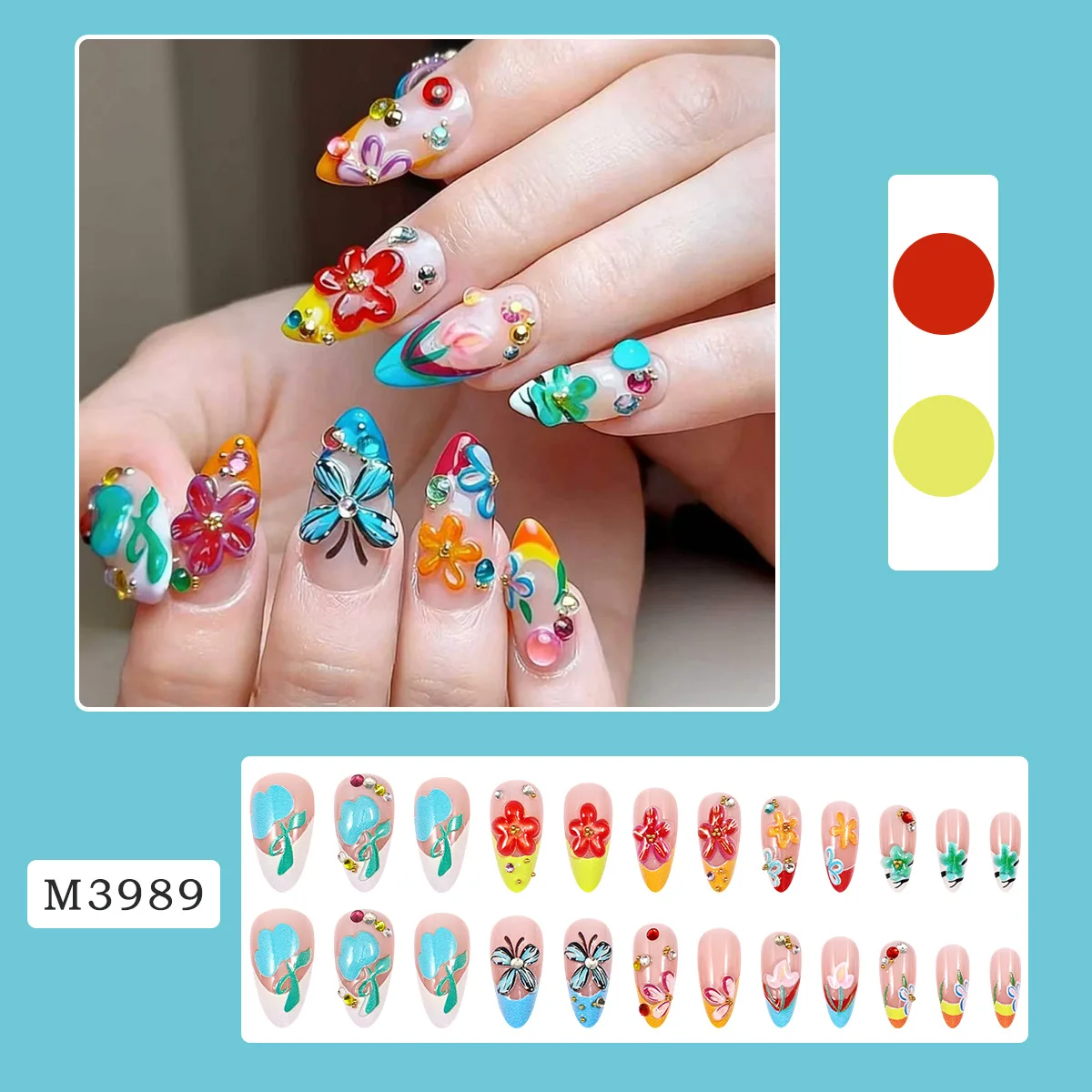 24Pcs Mid-length French Almond Press on Nails Tips 3D Colorful Flower Butterfly Insect Fake Nail Rhinestone Reusable False Nails