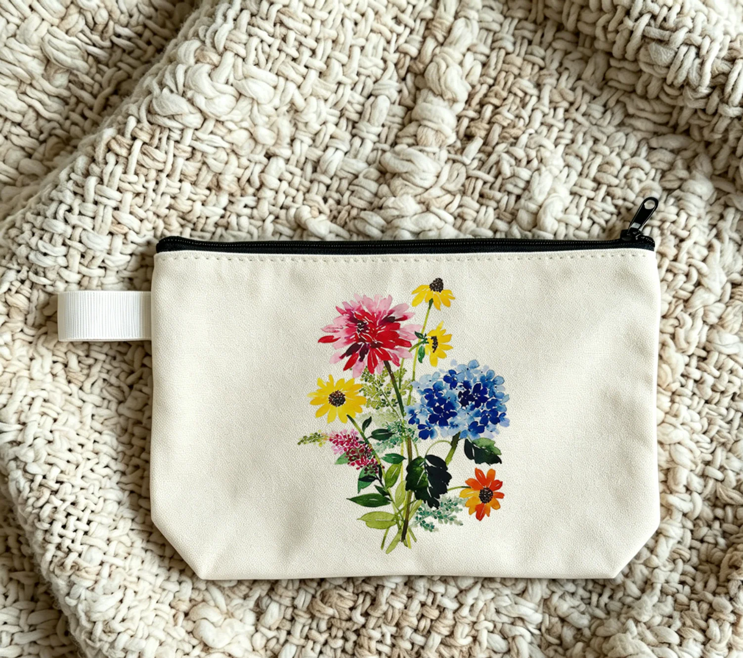 White Watercolor Print Canvas Stationery Storage Bag Women's Casual Cosmetic Bag Daily Shopping Hand Bag