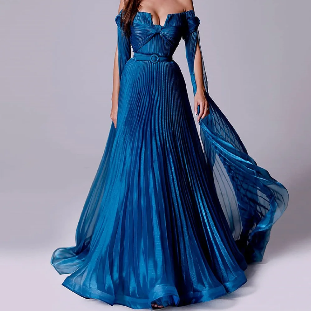 Sashes Organza Ruched Zipper Back Floor Length Sweep Train  A-Line Pleats Off the Shoulder Luxury and Temperament Evening Dress