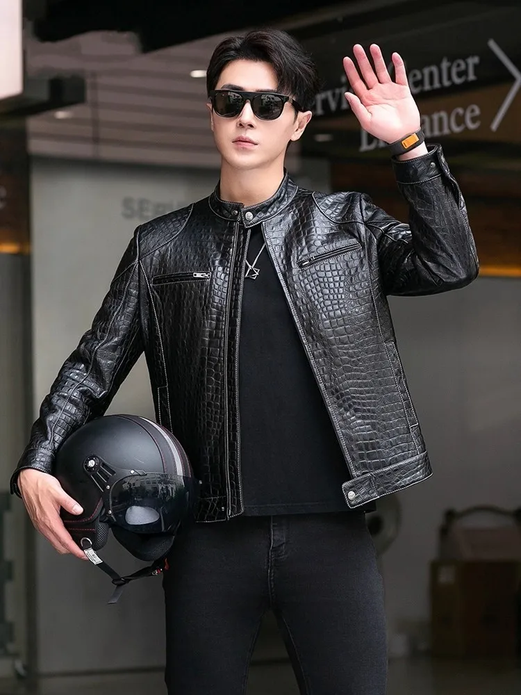 Males Luxury Natural Sheepskin Crocodile Pattern Jacket Stand