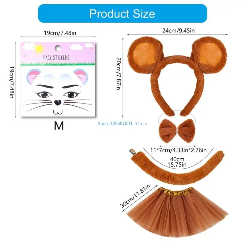 N7yf conjunto acessórios para fantasia mouse, 1/peças, fantasia halloween, orelhas mouse, faixa cabeça, saia tutu