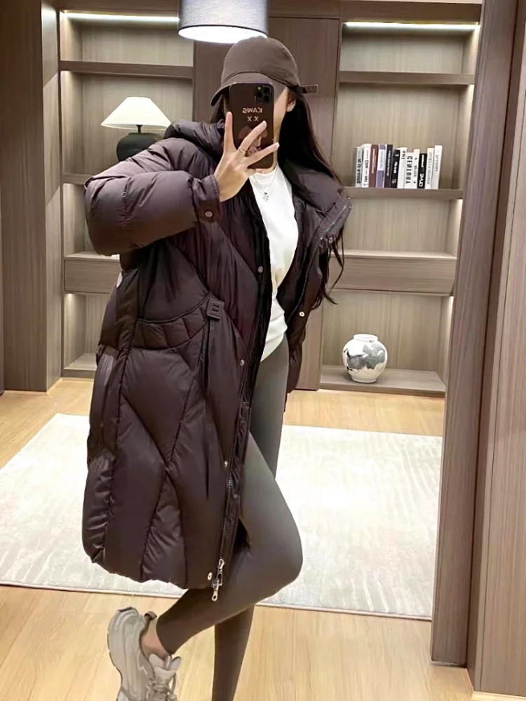 White Duck Down Hooded Jacket, Warm Coat, Soft, Medium-length Parka, Lazy Leisure Bread Jacket, Winter Fashion