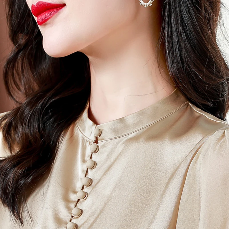 Summer Satin Silk Blouse Women Embroidery Shirts Women Elegant Solid Half Sleeve Loose Women Tops Simple Design Female Clothing