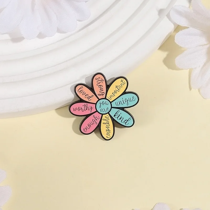 Colorful Flower Brooch Pins Creative Cartoon Text You're Kind Unique Worthy Badge Enamel Lapel Pin Jewelry Backpack Clothing Acc