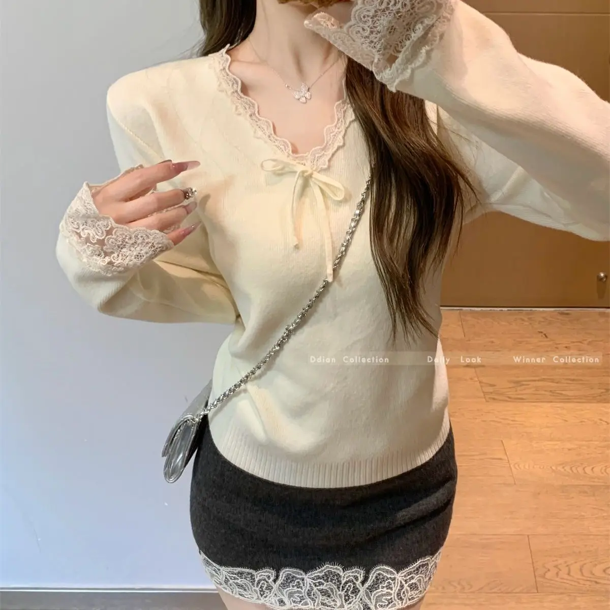 

Японский французский вязаный свитер с V-образным вырезом и кружевом в нежном стиле, новинка весна-осень, мягкая ворсистая базовая кофта с бантом для женщин