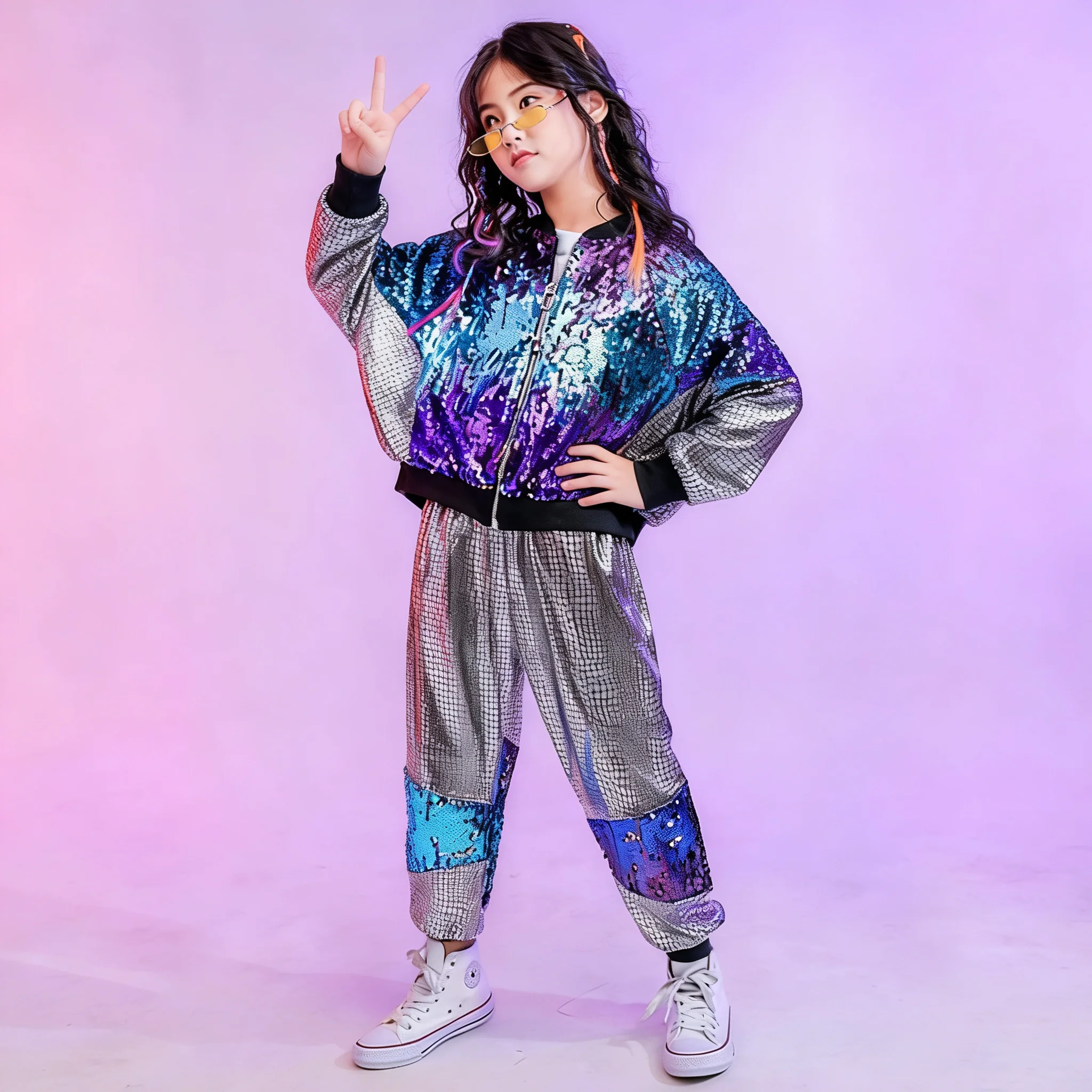 男の子女の子ヒップホップスパンコール付きコートジャケットパンツセットジャズストリートダンスドラムパフォーマンスランウェイファッション衣類
