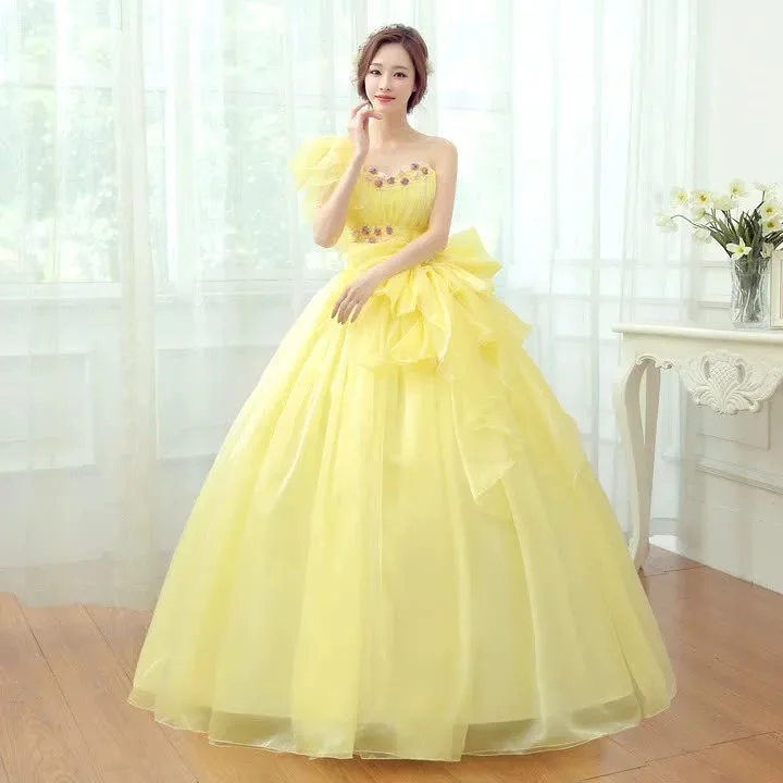 Light Yellow Quinceanera Dresses Lace Up Flowers Prom Party Gown Floor Length One Shoulder vestidos de 15 quinceañera