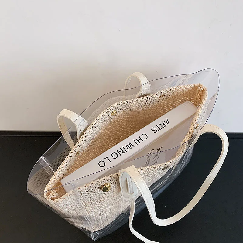 Summer New Transparent Straw Bag Large Capacity Rattan Shoulder Bag Woven Handmade Tote Bag Seaside Beach Bag Shopping Bag sac