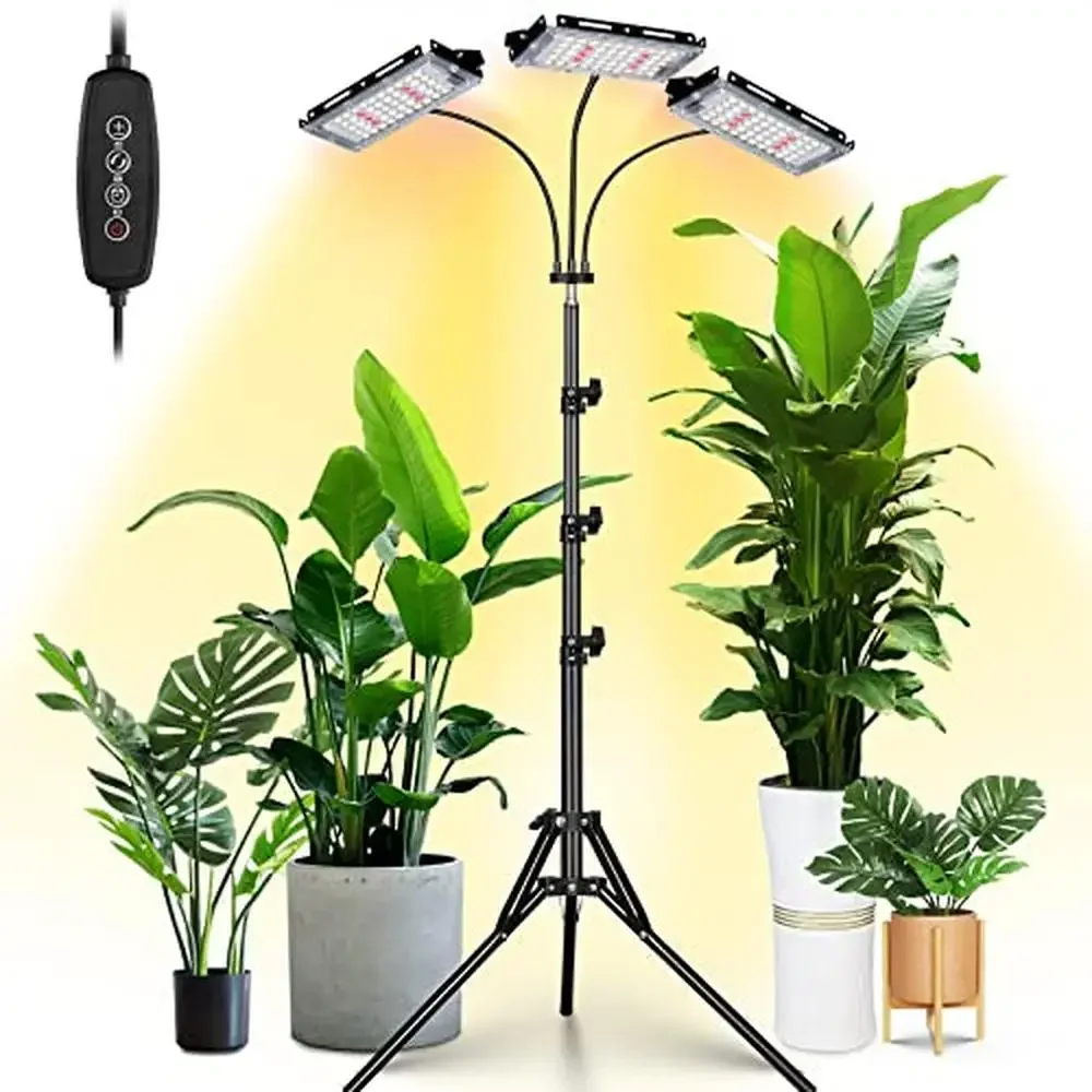 Full Spectrum Tri-Head LED Plant Grow Light with Timer Stand Adjustable Height Indoor Plants Orchids Succulents Tomatoes