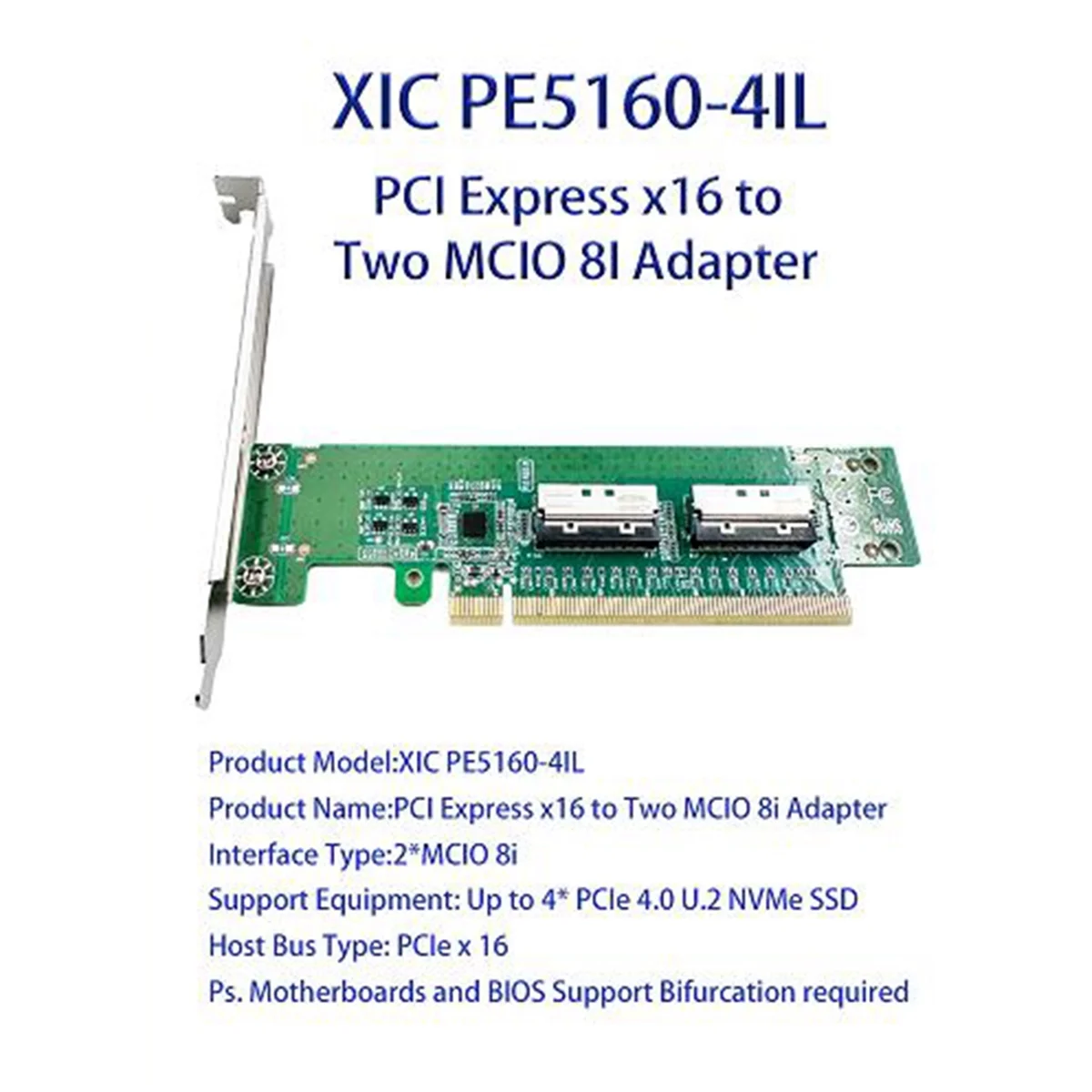 

Адаптер материнской платы PE5160-4IL PCIe5.0 X16 к MCIO 8I. Плата адаптера. Сплит поддержки материнской платы.