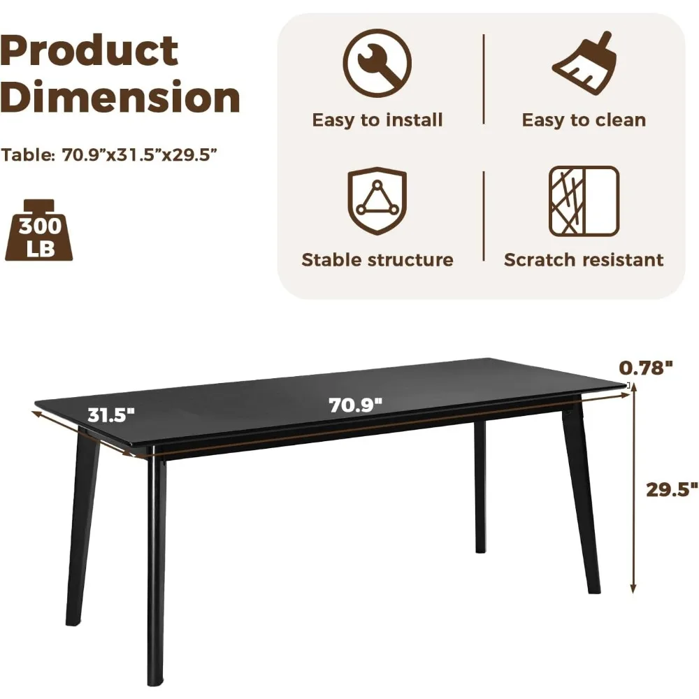 70.8 Inch Large Solid Wood Dinner Table for 6-8 People, Mid Century Oak Kitchen Table with Natural Wood Grain