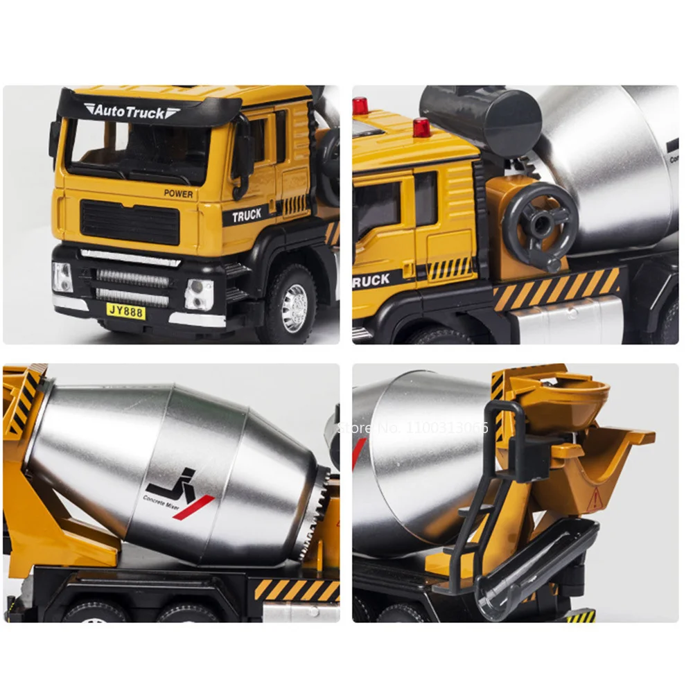 1/50 Scale Mixer Truck Toy Models Cars with Light Music Excavator Wheel Pull Back Engineering Vehicles for Kids Birthday Present