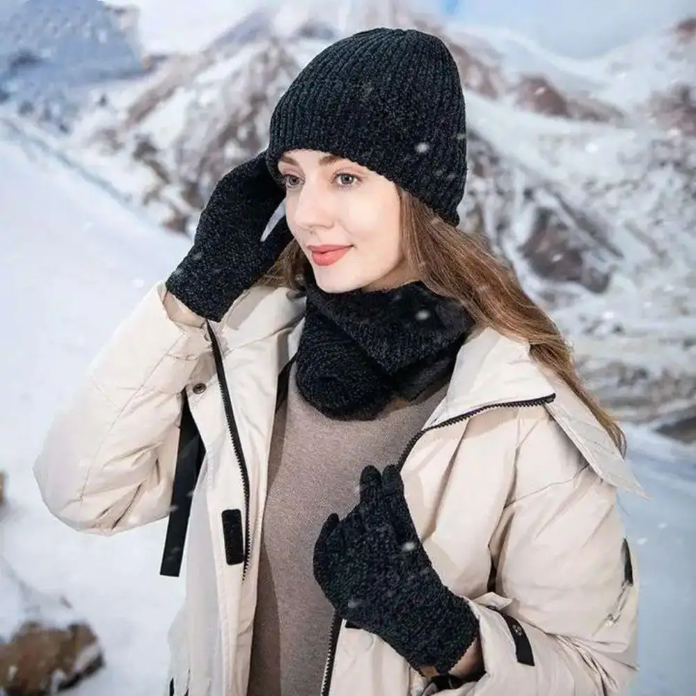 

3Pcs Wool Knitted Hat Gloves Set Winter Warm Men Women Hat Glove Set Unisex Outdoor Gloves Cycling Beanies Knitting Pullover Cap