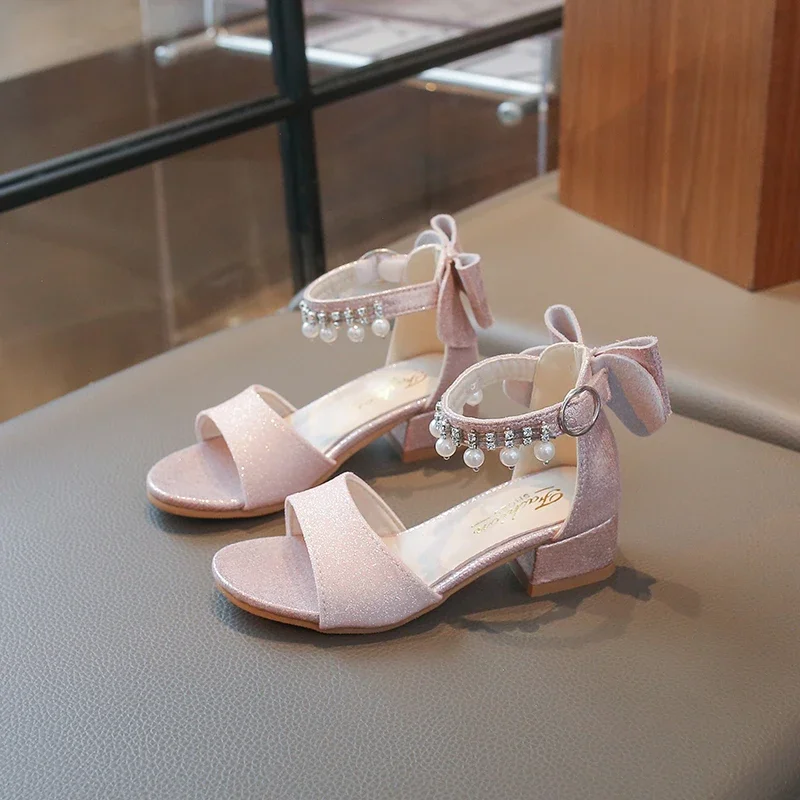 Children's Fashionable Open-Toe Sandals Rhinestone Bow Performance Shoes for Girls Ages 3–18 High-heeled Shoes for Kids Sandals