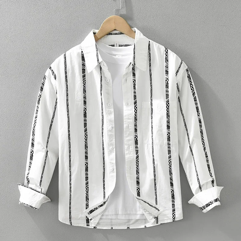 7316 100% Cotton Striped Shirt Men's Spring Fall Fashion Long Sleeve Loose Casual Japan Trendy Premium Business Delicate Blouses