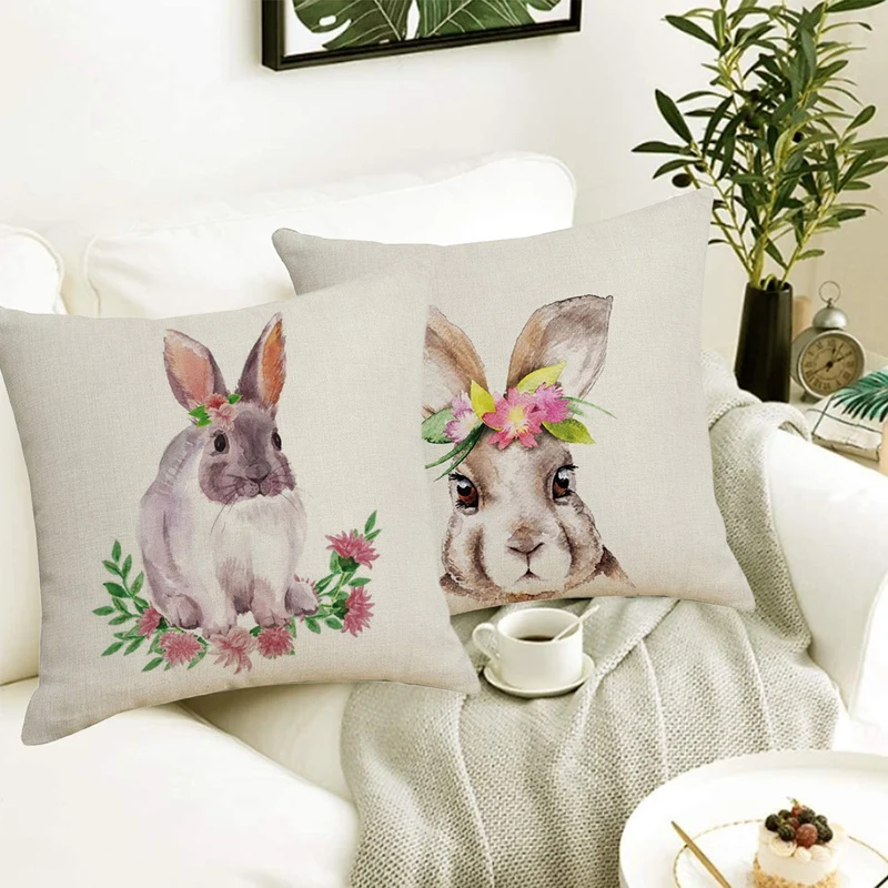 غطاء وسادة من الكتان لعيد الفصح ، طباعة أرنب عيد الفصح ، وسادة أريكة ، سيارة ، منزل ، ديكور غرفة المعيشة ، 45x45 سم
