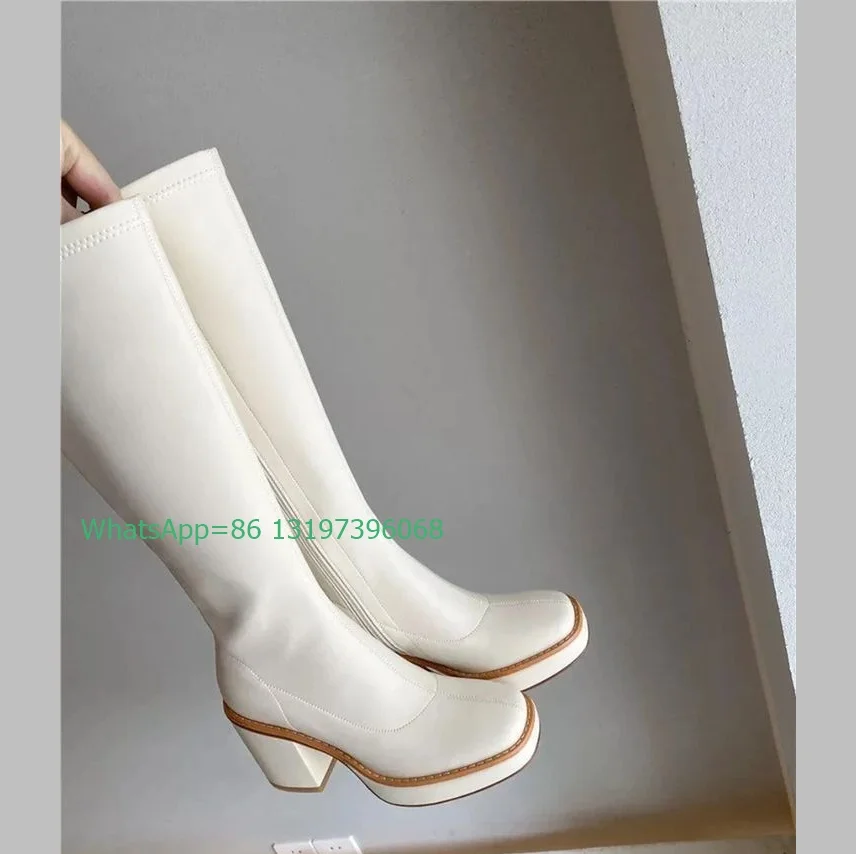 Lady PU White Platform Chunky Heel Knee Boots Squre Toe Zip Office Lady New Arrive Runway Boots White Punk Platform Boots Size