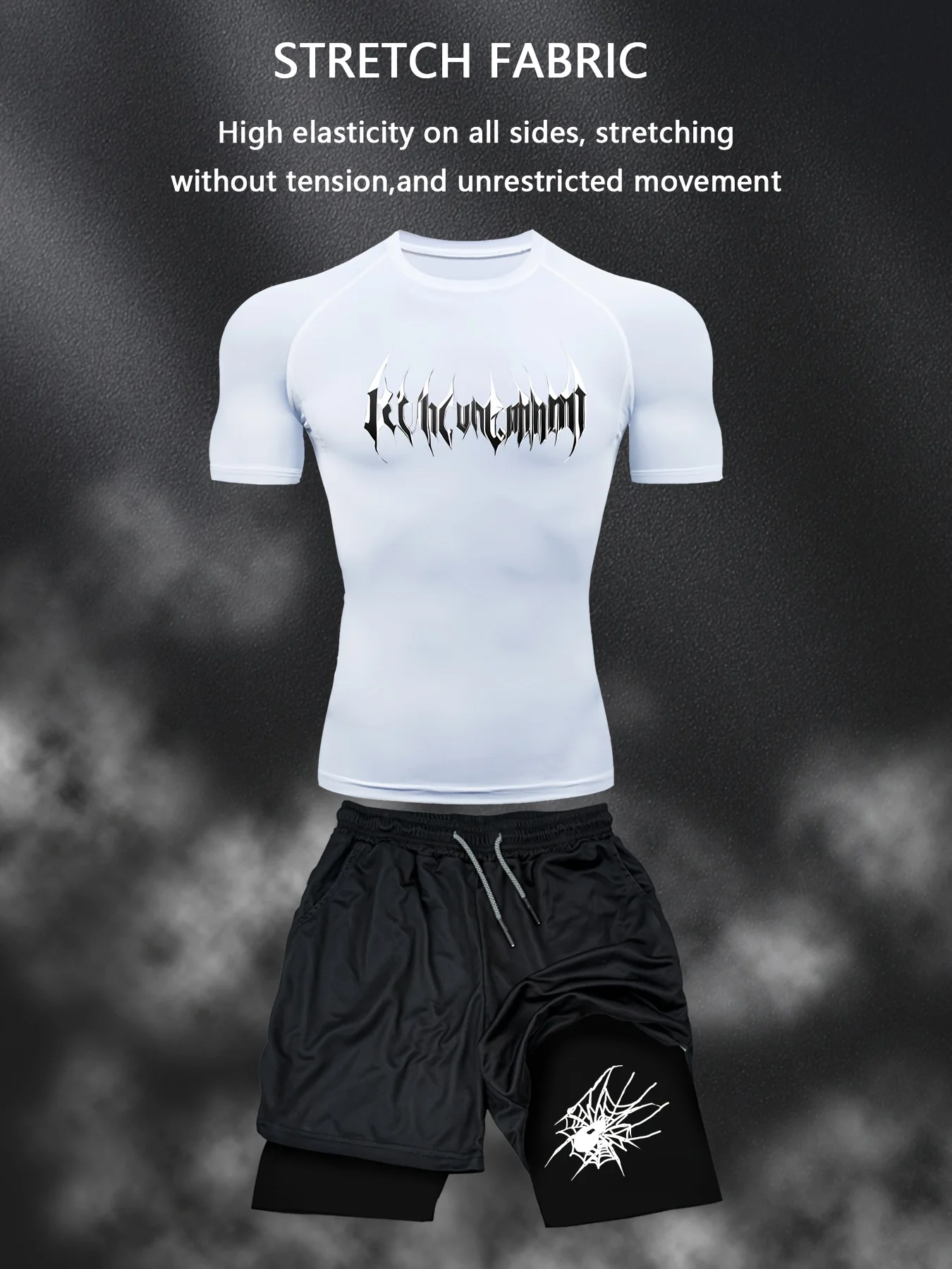 

Gothic Pattern and Spider Print Fitness Training Men's T-shirt Set Running Breathable Quick-drying Sportswear Two-piece Set
