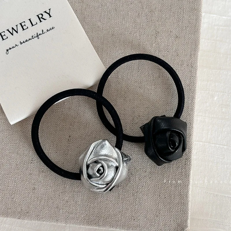 Silver Three-Dimensional Leather Rose Flower Hair Band Tied-up Hair Ponytail Rubber Headband Head Rope Hair Ring HairAccessories