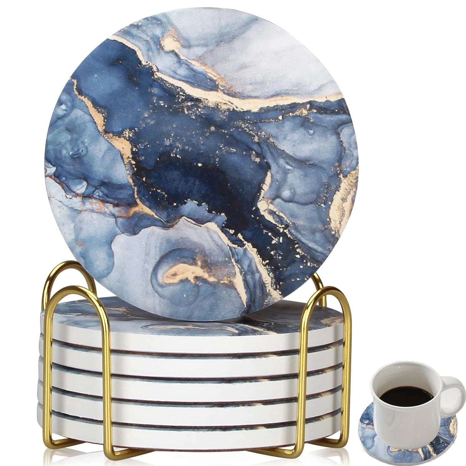 6 Pcs Ceramic Coasters Marble Style with Holder Absorbent Drink Coaster for Kinds of Cups Bar Kitchen Wooden Dining Table Decor