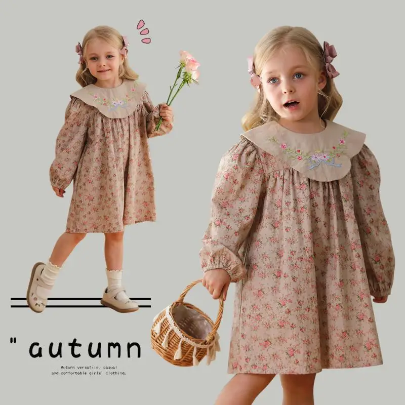 2024 New Girls Retro Dress Floral Print Doll Collar Dresses Autumn Flowers Embroidery Sweet Cute Children's Princess Clothing