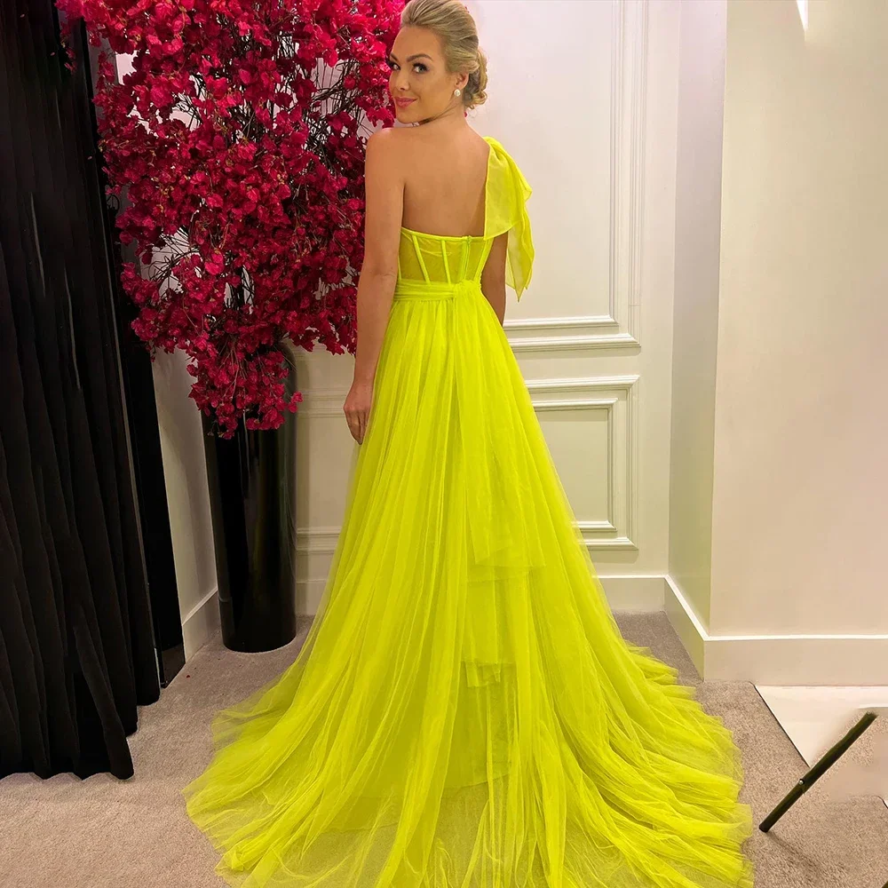 LIYYLHQ Sage Green Prom Dresses High Split Tulle A Line One Shoulder Evening Dress Backless Boning Open Back Ruched Tulle Party