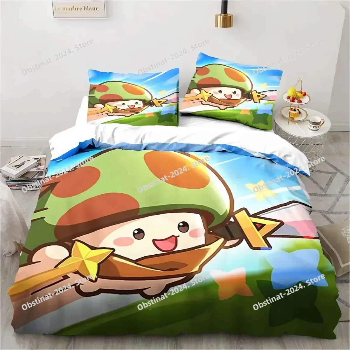 

3D Anime Game Legend of Mushroom Pattern Bedding Set Printed With Pillowcase Bed Duvet Cover Single Double Queen Super King Size