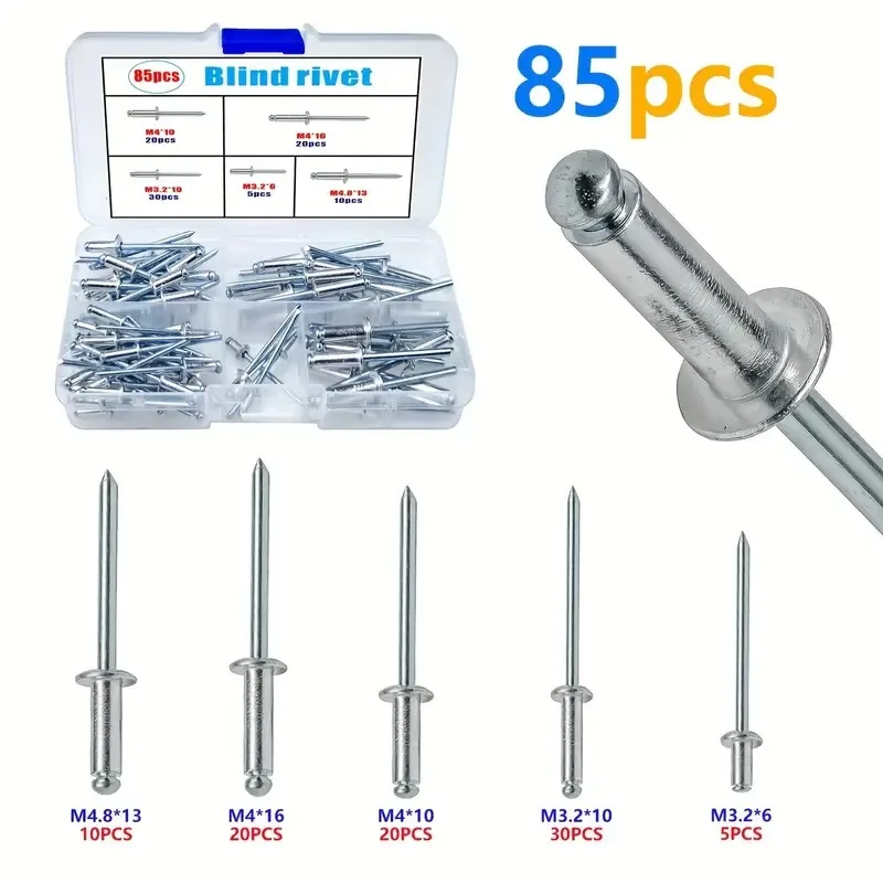 Value Pack 85/185pcs Pop Rivets Assortment Kit, 8 Sizes Aluminum Rivets (1/8" 5/32" 3/16"), Assorted Blind Rivets With Divider &