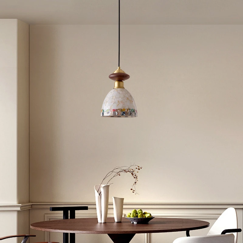 

Art Handmade Shells Lampshade LED Pendant Lights French Style Wooden Chandelier Princess Room Nightstand Decoration Home Fixture