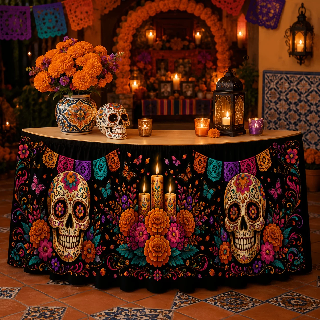 1 tablecloth table skirt, deceased day double skeleton marigold butterfly candle paper carving cut print decoration