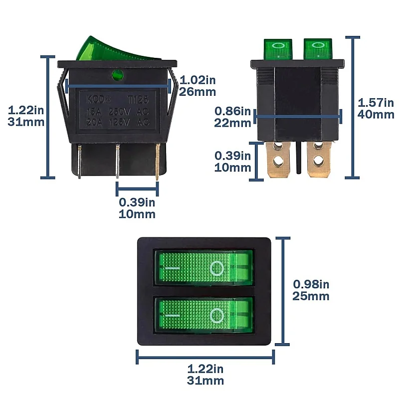 6PCS Double Rocker Switch 15A 250VAC 20A 125VAC Double Green Light 6 Pins On/Off Button Switch SPST Built-in Switch Embedded