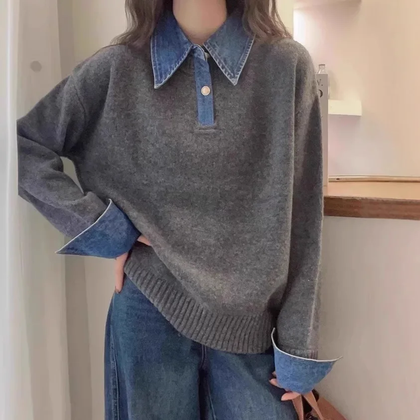 

Cowboy Sleeve Splicing Fake Two Piece Sweater Women's Autumn/Winter Loose POLO Collar Knitted Sweater