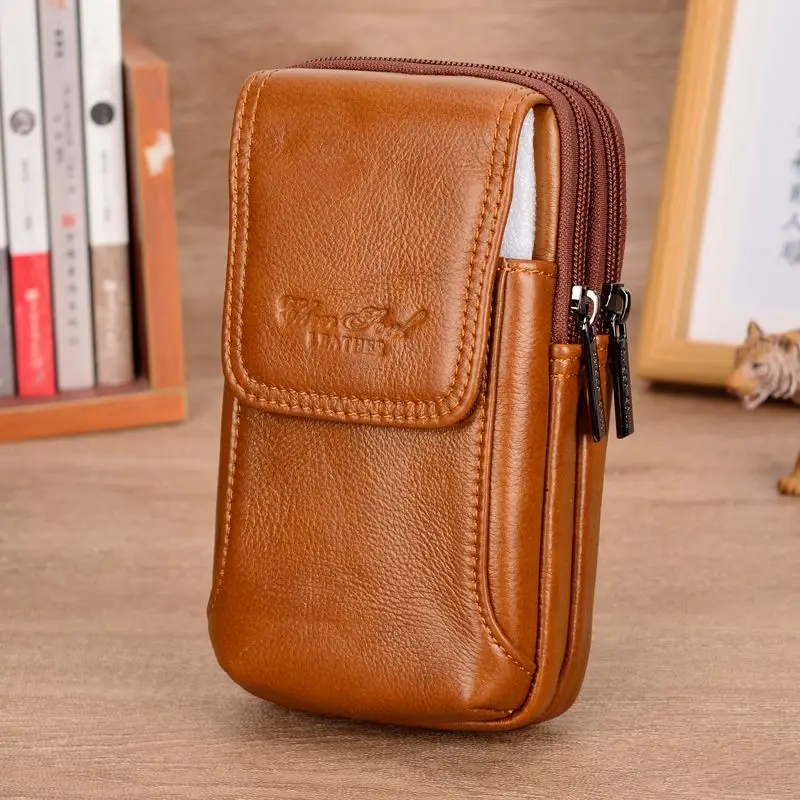 

Genuine Leather Men's Phone Waist Bag Vertical Sle Belted Waist Pouch Durable Top Layer Cowhide Zipper Closure Color