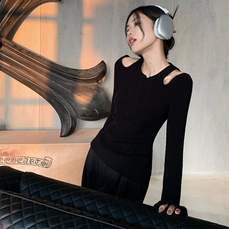 Sexy Knitted Pullovers Women Hollow Out Black Slim Hot Girls Korean Style Long Sleeve Autumn Clothes Aesthetic Minimalist Trendy