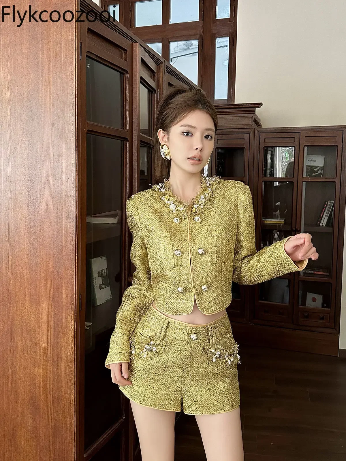 French Retro Style Tweed Short Coat Women Shorts Two-piece Set Mainland China  Summer Blazer Women Costume Deux Pieces Femme