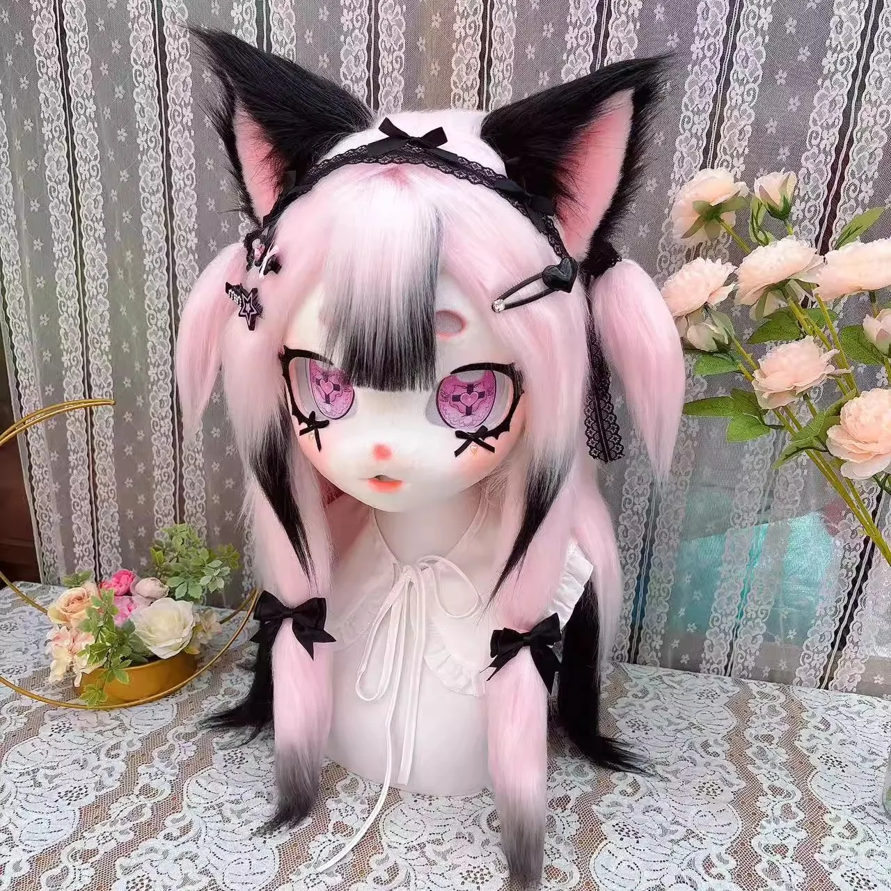 Kids Anime Fursuit Kigurumi Harige Cosplay Kostuum Blauw Haar Hoofd Poot Staart Schoenen Comiket Furries Pop Kig Masker Leeftijd 5 tot 18 Gift