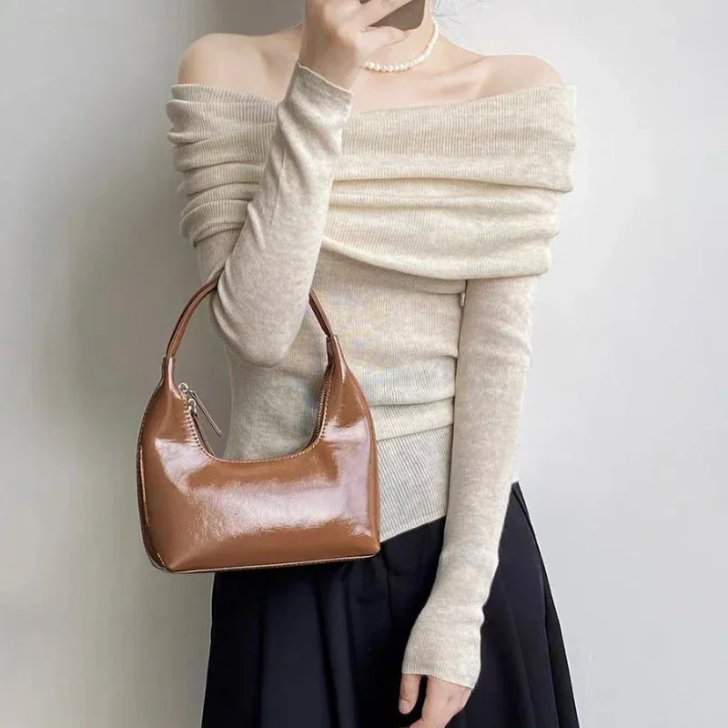 Knitted Shirt Women Thin Pullover Sweater Tops Autumn Winter Female Long Sleeve Chic Skinny Off Shoulder Sweaters Knit Shirts