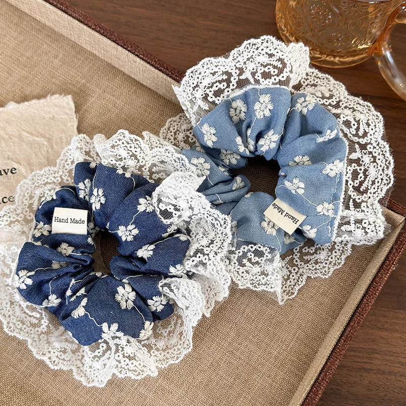 New Style Denim Made Embroidered Lace Large Size Hair Ties Women\'s Korean Fragmented Flower Hair Scrunchies  Accessories 1pc