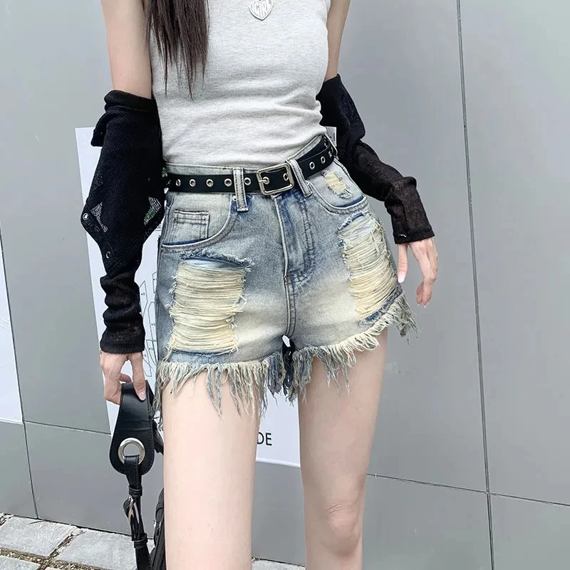 Retro Sexy Denim Shorts Women's Ripped Jeans Summer High Waist Wide Leg Shorts Fashion Leisure High Street A-line Hot Pants NEW