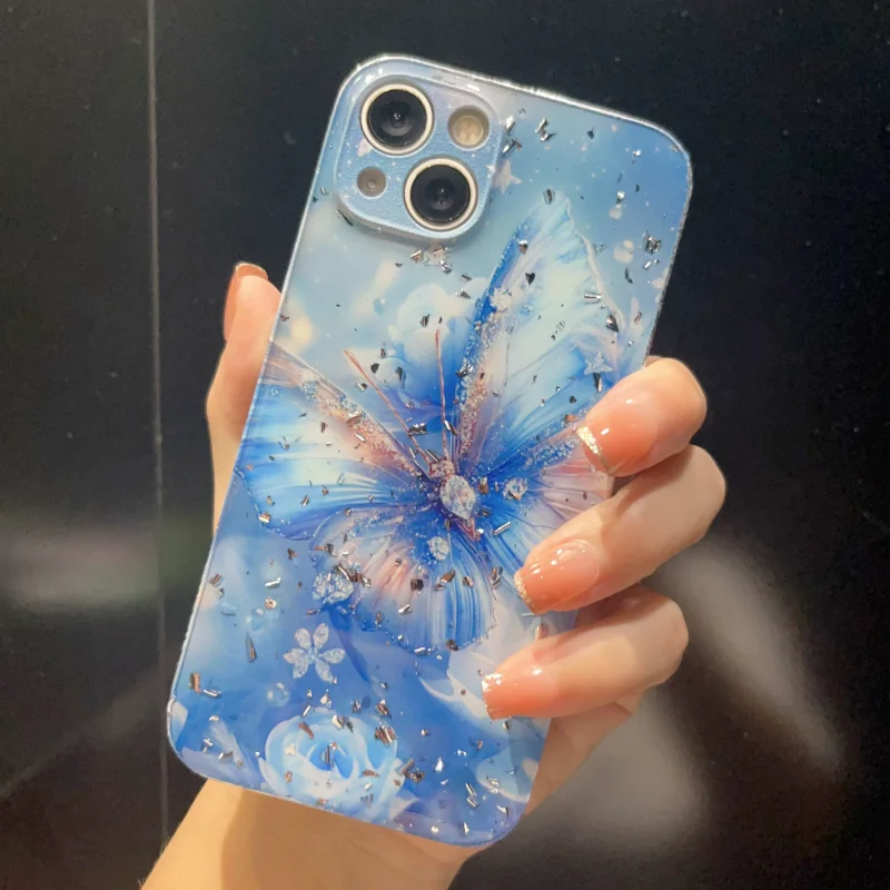 Epoxi brillante adecuado para Apple Iphone13 15 7g 6Plus funda anticaída para teléfono móvil lámina plateada agujero fino azul 16Promax 14 12 11 X XS Xr cubierta protectora galvanizada mariposa
