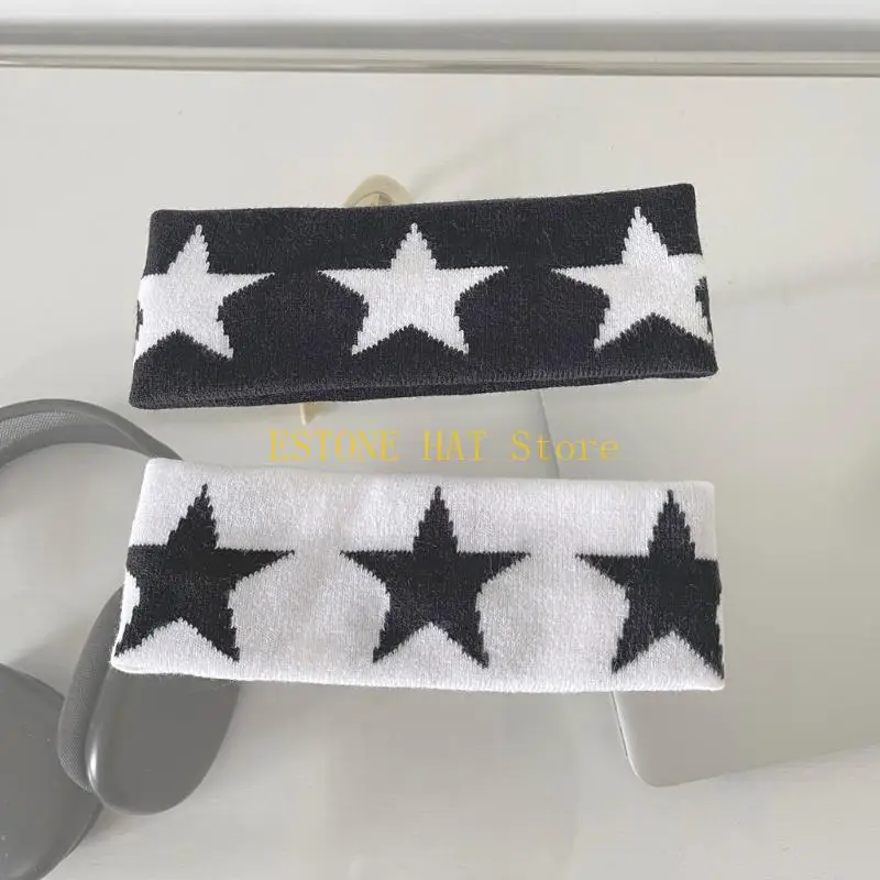 

49MF Knitted Star Pattern Headband for Women Elastic Bandeau Sports Headwrap Sweat Absorb Nonslip Stretchy Workout Hairband