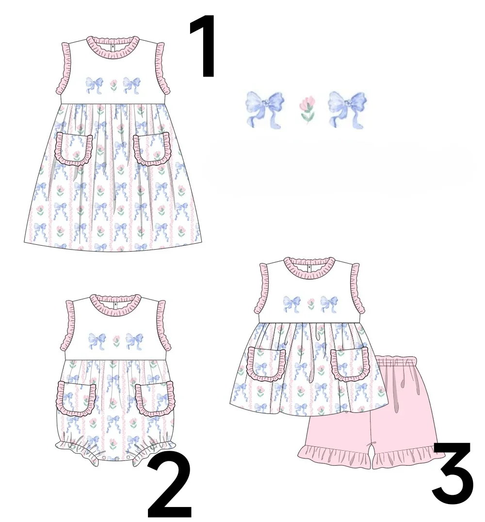 

Girls suit Summer Milk Silk Matching Suit Blue Bow Print Girls Dress Sleeveless Design Boutique Children's Clothes