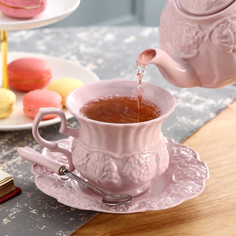 

Elegant Pink Ceramic Tea Set Retro Porcelain Tea Cup Pot British Floral Teapot Mug Cafe Teatime Coffee Cup Dropshipping